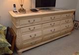Large Light Colored Wood 12-Drawer Chest with Carved Details and Inlaid Marble Top