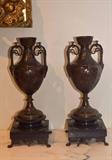 Antique Bronze Urns with Marble Base and Lion's Feet (Pair)