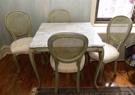Square French Provincial Table with Marble Top & 4 Rattan-Backed Chairs 