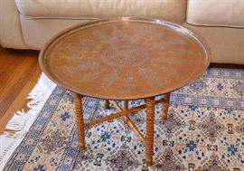 Vintage Middle Eastern Etched Round Copper Tray Top Table