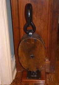 Large Industrial Wood & Iron Pulley Mounted on a Wooden Base 