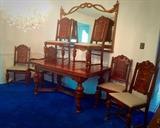 Gorgeous 1930s Solid Wood Jacobean Style Dining Room Set with Pull-Out (Extension) Leaves, Pads, & Six Chairs