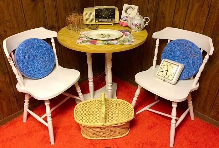 Lovely Tea Table with Two Chairs, Vintage Radio, Vintage Clock, Teapot Music Box & More