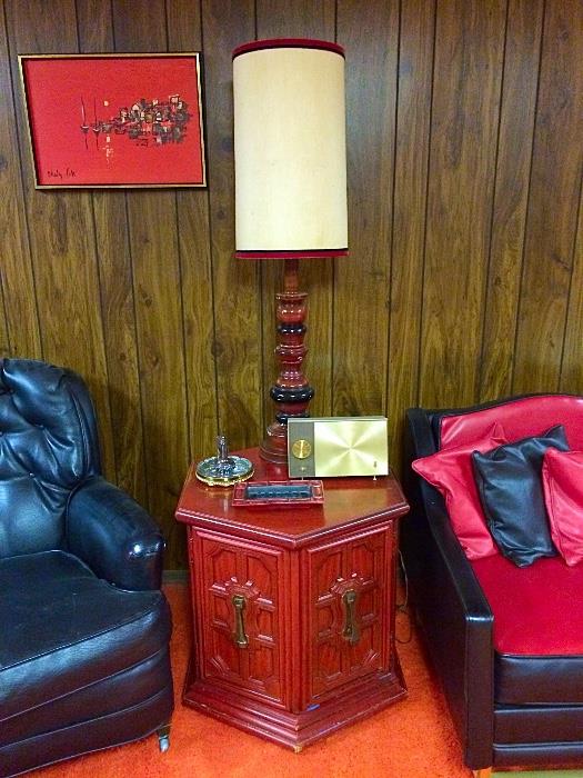 Vintage Red Stained Wood Octagon End Table, Large Lamp, Vintage Zenith Radio, & More
