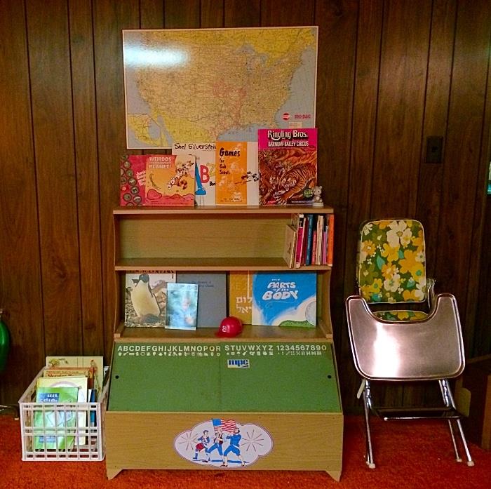 Vintage Childrens Books, Vintage Costco High Chair, Vintage Toy Chest with Hutch