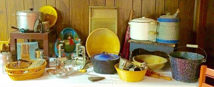 Primitive Vintage Wood Bowls, Vintage Washboard, Enamelware, Meat Grinders, Vintage Gas Can, & More