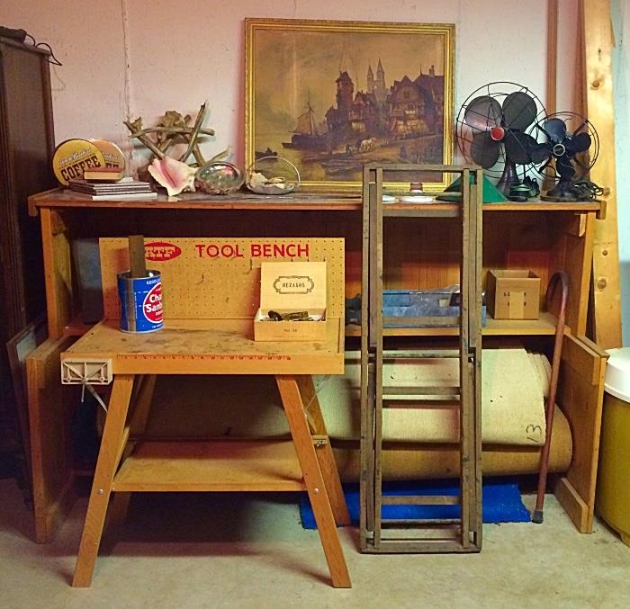 Small Vintage Tool Bench, Vintage Oil on Board, Seashells, Vintage Fans & More