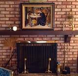Vintage Needlepoint Framed & Lighted Art, Andirons, Vintage Fireplace Tools, Vintage Trumpet & More