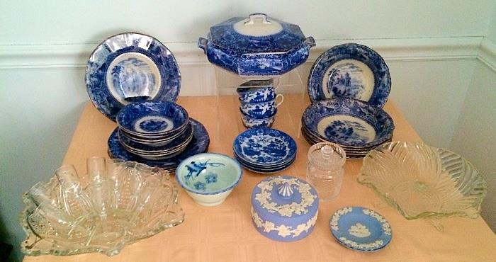 Vintage Flow Blue Oriental Dishes, Wedgewood Pieces & More