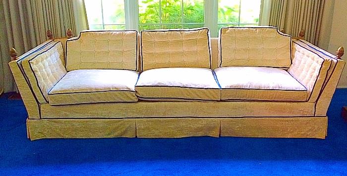 Vintage White & Blue Decorator Couch with Finials