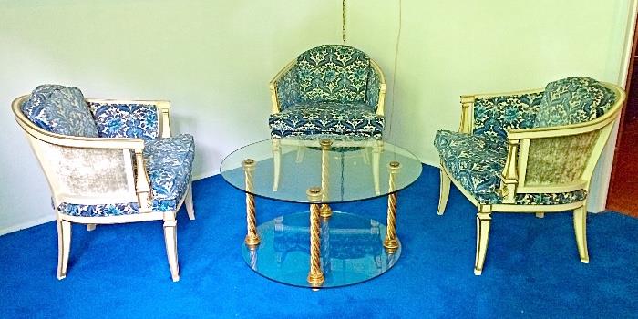 Amazing Vintage Velveteen Arm Chairs & Glass Coffee / Occasional Table