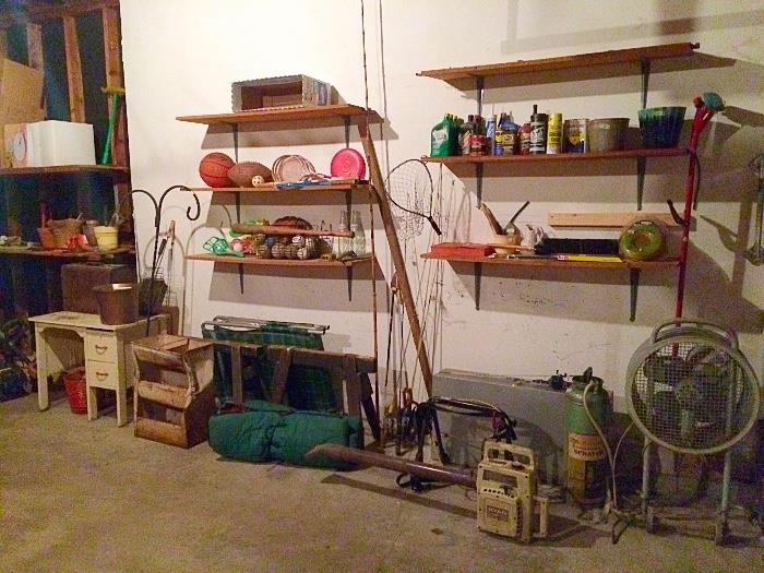 Chemicals, Vintage Westinghouse Standing Fan, Fishing Poles, Gardening Tools, Childs Desk (TLC, Great DIY project), Vintage Sporting Goods & More