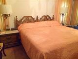 Vintage King Size Bed, Marble Top Nightstand, Press Glass & Brass Lamps