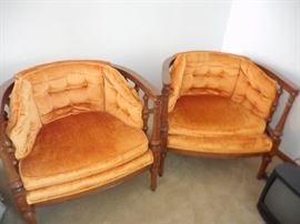 Traditional Curved Bucket Arm Chairs, Orangey Velveteen Tufted Back. 