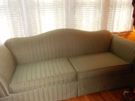 Krause Furniture, Silk Brocade Mint/Sage Camel Back, Rolled Arm Sofa..Excellent Condition