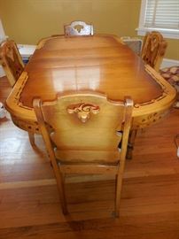 German Oak Stenciled Dining Table 2 Leaves. 6 Side Stenciled Chairs