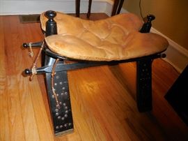 Vintage Camel Back Hand Tooled Stool. Leather Cushion