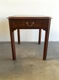 Timeless Hekman side table with one drawer, brass handle and burlwood inset. Makers mark on inside of drawer.