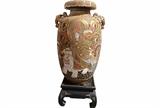 Large Antique Satsuma Japanese vase with foo dog handles. Beautiful handcrafted detail with large gold gilt on glazed porcelain. 15"L x 13"W x 29"H