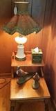 maple end table, vintage lamp, ceramic quail, Florentine Kleenex box
