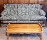 tweed sofa, maple coffee table
