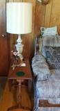 maple drop leaf table, vintage lamps, love seat