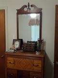 vintage chest of drawers, mirror, stain glass, clock