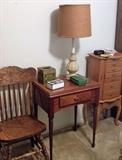 oak chair, sewing machine, jewelry cabinet, vintage lamp