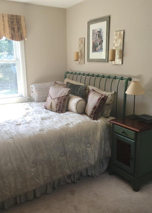 Queen size iron bed & bedding-- No Mattress
