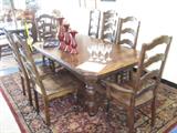 Formal rustic dining table, 2 leafs, 8 chairs