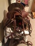 15" Vintage Bona Allen tooled silver Show saddle. Complete with leather breast plate, bridle, hatter with lead. So neat! 