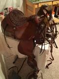 15" Vintage Bona Allen tooled silver Show saddle. Complete with leather breast plate, bridle, hatter with lead. So neat! 