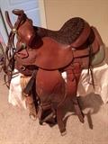 15" Vintage Bona Allen tooled silver Show saddle. Complete with leather breast plate, bridle, hatter with lead. So neat! 