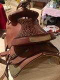 15" Vintage Bona Allen tooled silver Show saddle. Complete with leather breast plate, bridle, hatter with lead. So neat! 