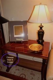 Chinese Inlaid & Carved SideTable, Decorative By Vasarely, Lamp & Barbedienne Bronze Pedestal Dish