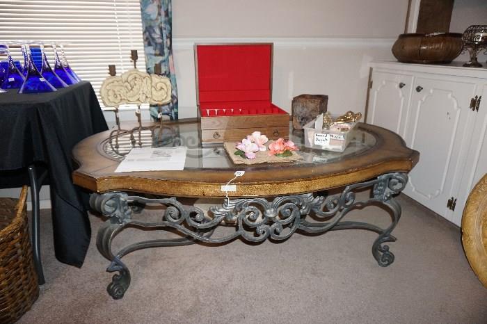 Thomasville oval coffee glass top table heavy metal base