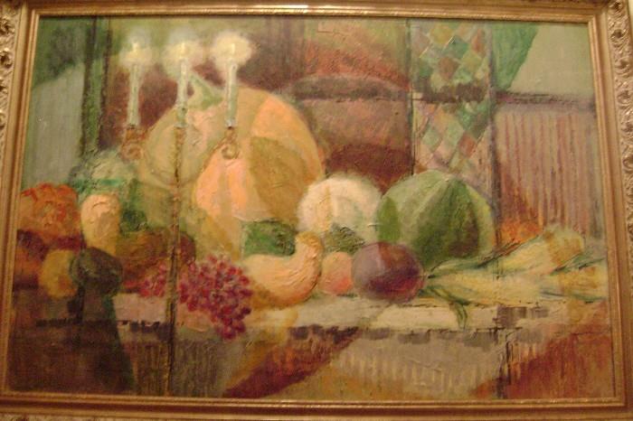 54" ACRYLIC HARVEST PAINTING---CARVED WOOD GOLD FRAME