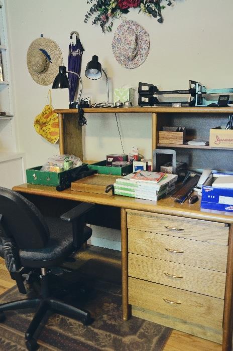 Desk, desk chair and mat, office supplies, antique paper cutter