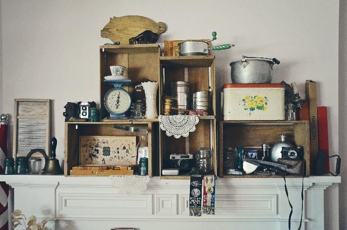 Vintage Cameras, Washboard, Food Scale, Bread Box Tin