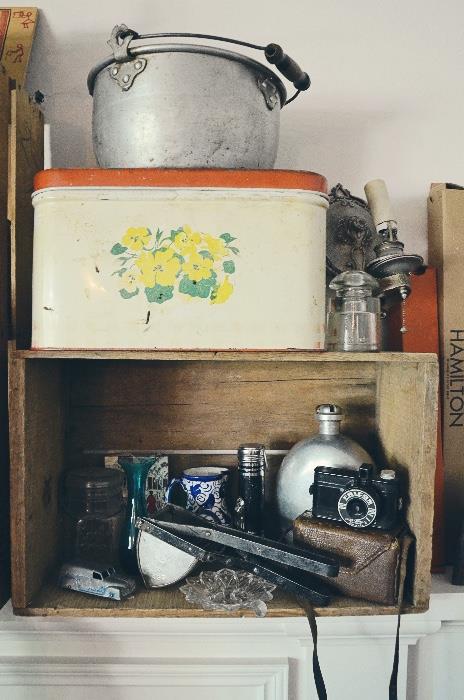 Wooden Fruit Crate, Vintage Bread Box Tin