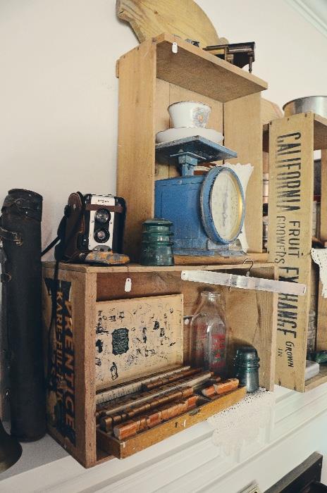 Vintage Argus camera, glass insulators, block stamp print set