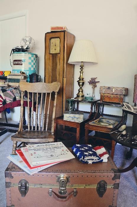 Trunk, Westinghouse Columnaire Grandfather Clock Radio (1931), Rocking Chair, Record albums to various Soundtracks
