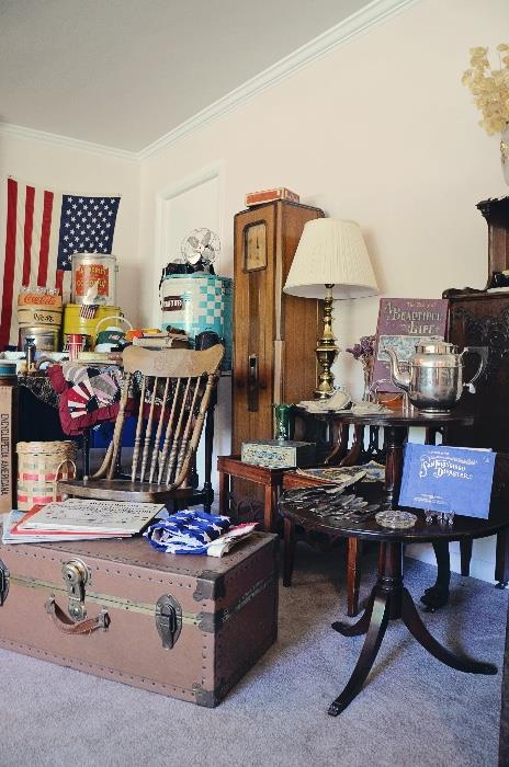 A Beautiful Life book, Glimpses of the San Francisco Disaster book (1906), 2 tier round table, trunk, rocking chair