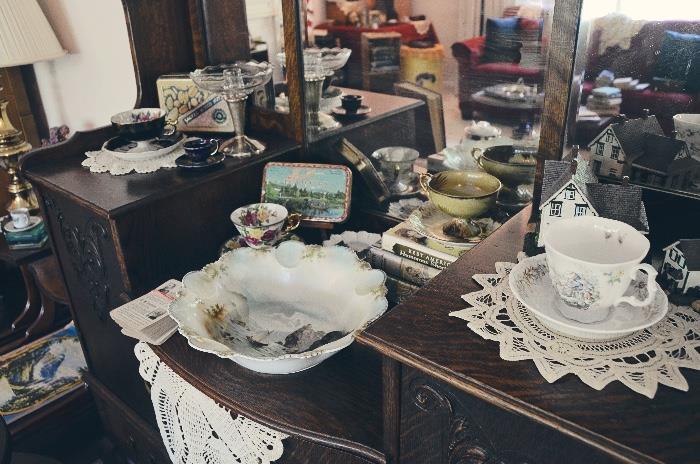 R S Prussia bowl with boat motif, various vintage tins, tea cup and saucers, sterling silver candle stick holder