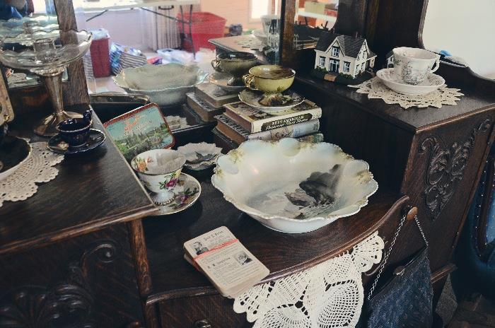 R S Prussia bowl with boat motif, various vintage tins, tea cup and saucers, sterling silver candle stick holder