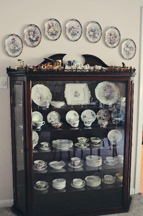 Mahogany side-entry china cabinet, tea cup and saucer sets, Lena Liu's Floral Cameo Plates