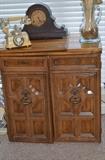 Beautiful Sewing Cabinet with French Telephone, Handled Glass Vase and Napoleon Style Mantle or Shelf Clock