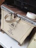 Canvas and wood Inventory bin from 5&10 cent store, with wooden lid circa 1950