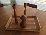 Vintage inlay tray with mid century modern candle holders