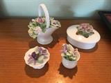 English bone china floral figural baskets of roses and trinket box
